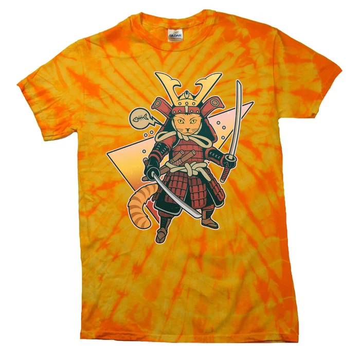 Cool Vintage Japanese Neko Cat Samurai Warrior Tie-Dye T-Shirt