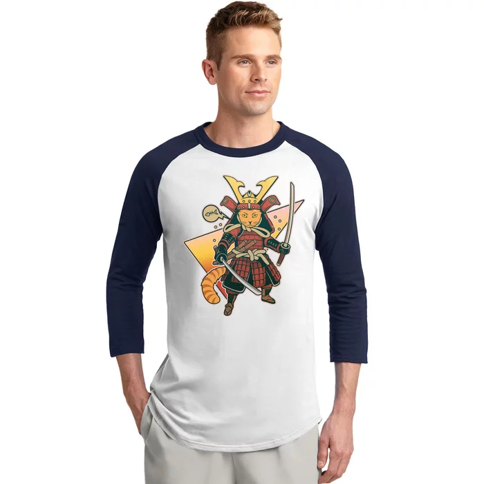 Cool Vintage Japanese Neko Cat Samurai Warrior Baseball Sleeve Shirt