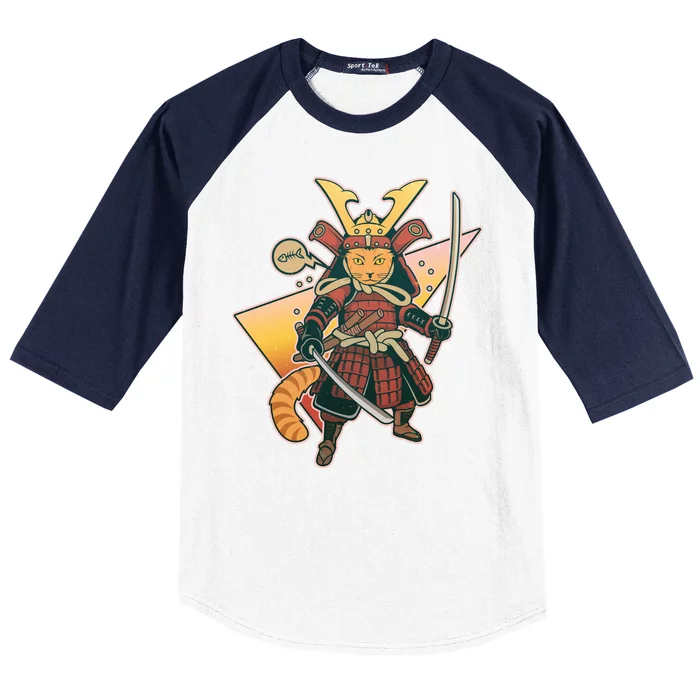 Cool Vintage Japanese Neko Cat Samurai Warrior Baseball Sleeve Shirt