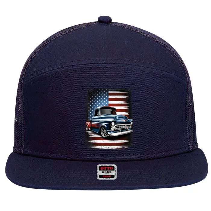 Classic Old Pickup Truck American Flag 4th Of July Patriotic 7 Panel Mesh Trucker Snapback Hat