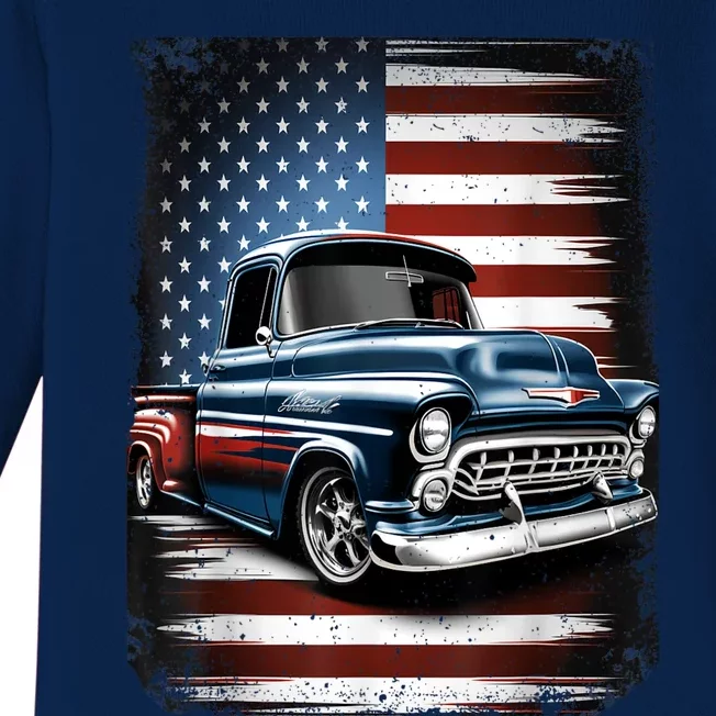 Classic Old Pickup Truck American Flag 4th Of July Patriotic Baby Long Sleeve Bodysuit