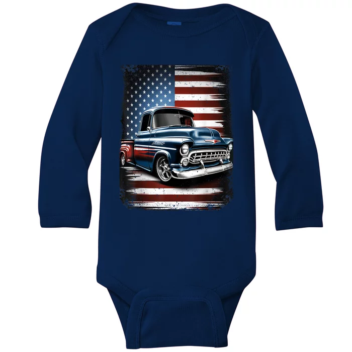 Classic Old Pickup Truck American Flag 4th Of July Patriotic Baby Long Sleeve Bodysuit