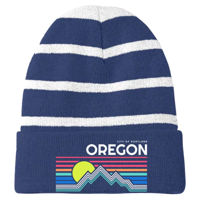 City Of Portland Oregon Retro Sunset Striped Beanie with Solid Band