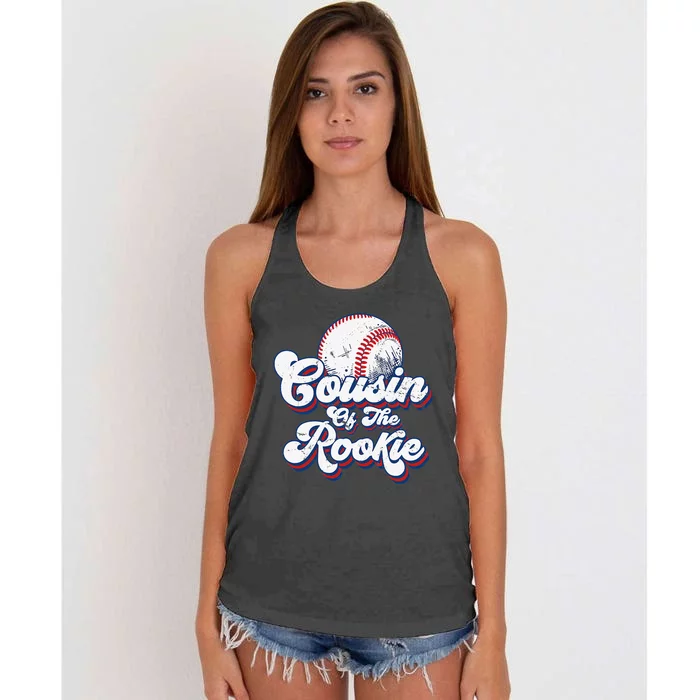 Cousin of Rookie 1st Birthday Baseball Theme Matching Party Women's Knotted Racerback Tank