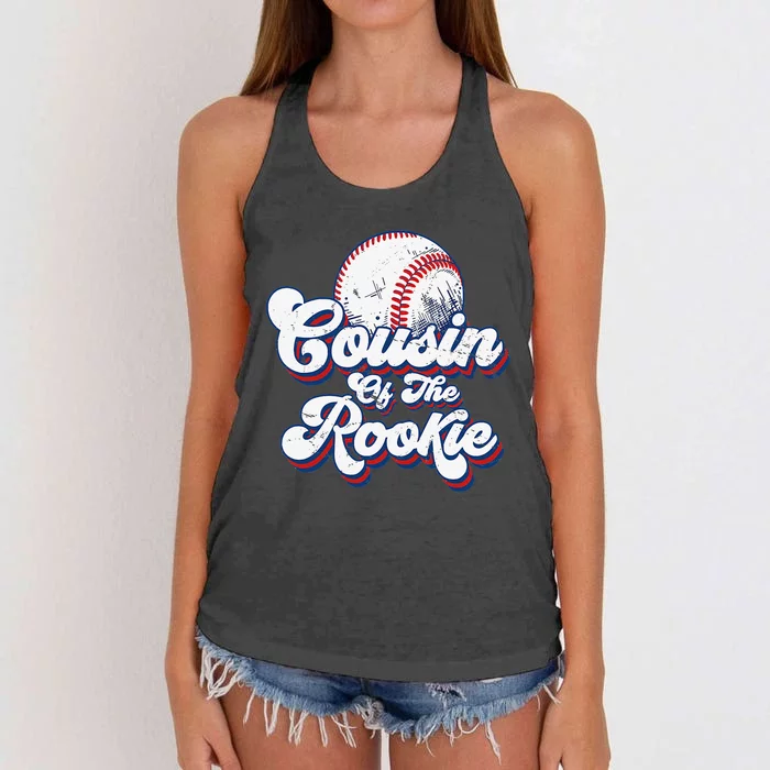 Cousin of Rookie 1st Birthday Baseball Theme Matching Party Women's Knotted Racerback Tank