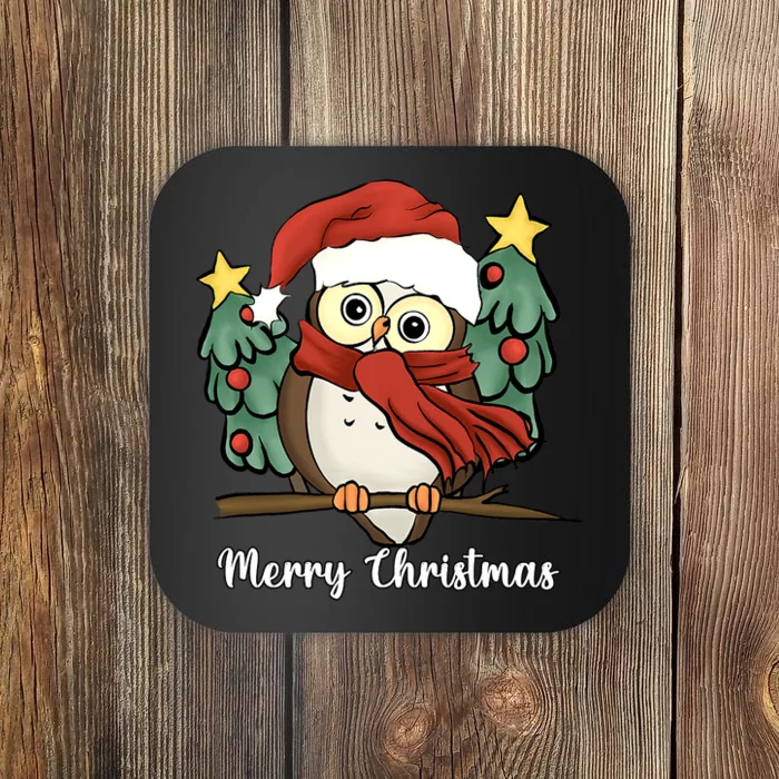 Cute Owl Santa Hat Light Merry Christmas Coaster