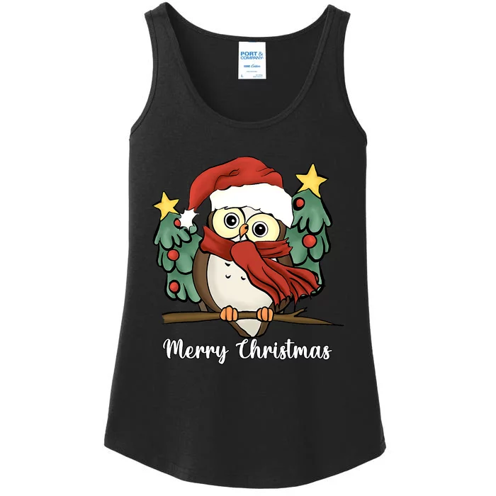 Cute Owl Santa Hat Light Merry Christmas Ladies Essential Tank