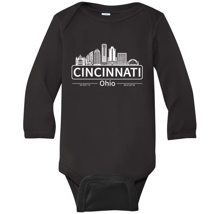 Cincinnati Ohio Skyline Travel To Cincinnati Baby Long Sleeve Bodysuit