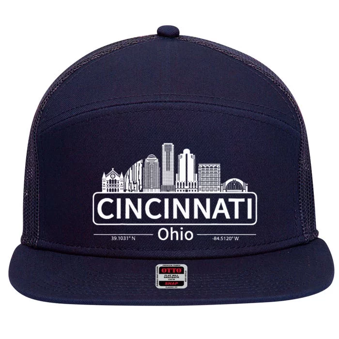 Cincinnati Ohio Skyline Travel To Cincinnati 7 Panel Mesh Trucker Snapback Hat