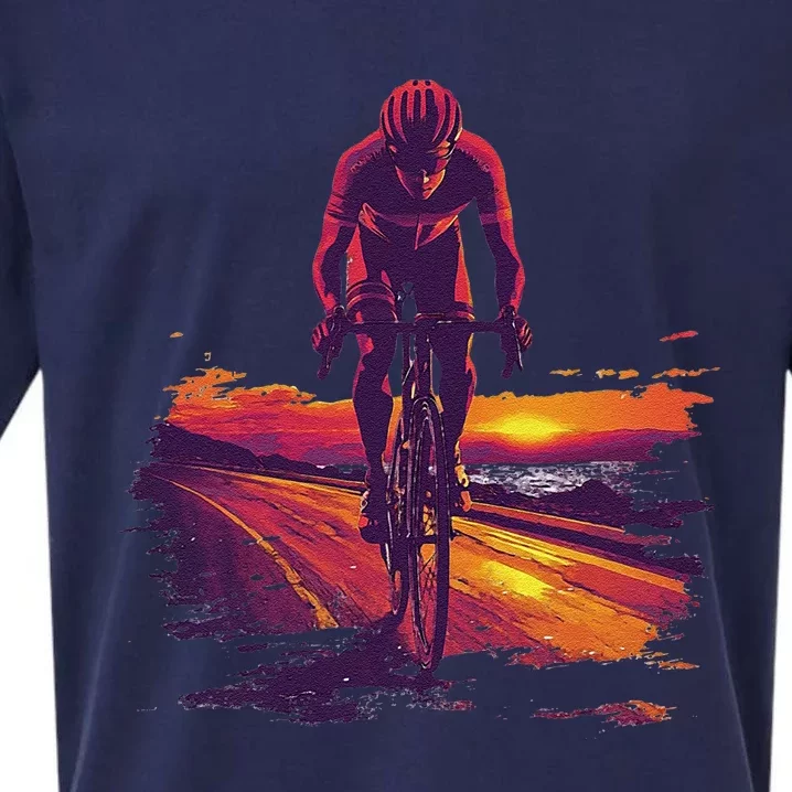 Cyclist On Scenic Road At Sunset Sueded Cloud Jersey T-Shirt