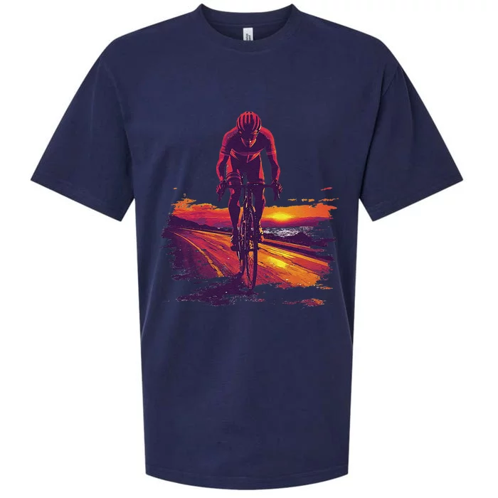 Cyclist On Scenic Road At Sunset Sueded Cloud Jersey T-Shirt