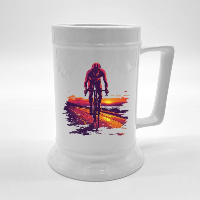 Cyclist On Scenic Road At Sunset Front & Back Beer Stein