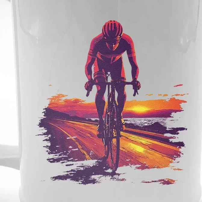 Cyclist On Scenic Road At Sunset Front & Back Beer Stein