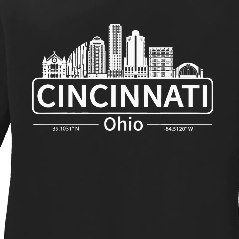 Cincinnati Ohio Skyline Travel To Cincinnati Ladies Long Sleeve Shirt