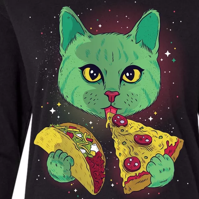 Cosmic Pizza Taco Space Cat Womens Cotton Relaxed Long Sleeve T-Shirt