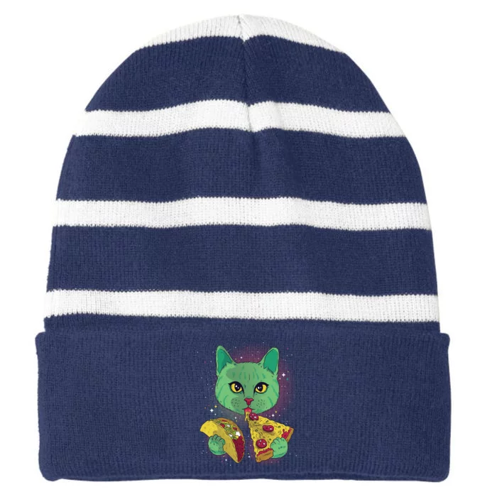 Cosmic Pizza Taco Space Cat Striped Beanie with Solid Band