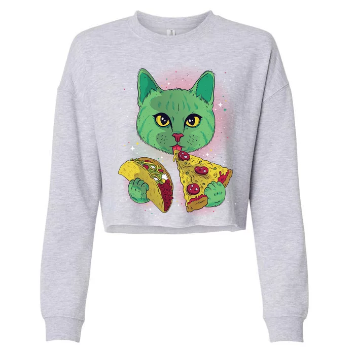 Cosmic Pizza Taco Space Cat Cropped Pullover Crew