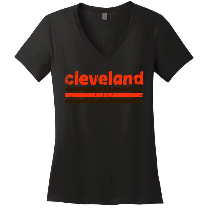 Cleveland Ohio Three Stripe Vintage Weathered Women's V-Neck T-Shirt