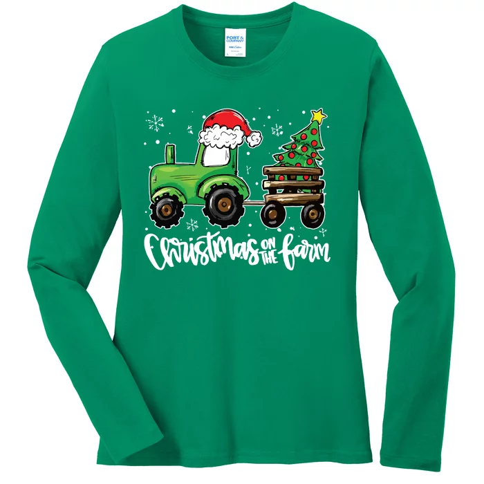 Christmas On The Farm Tractor Santa Farmer Christmas Trees Ladies Long Sleeve Shirt