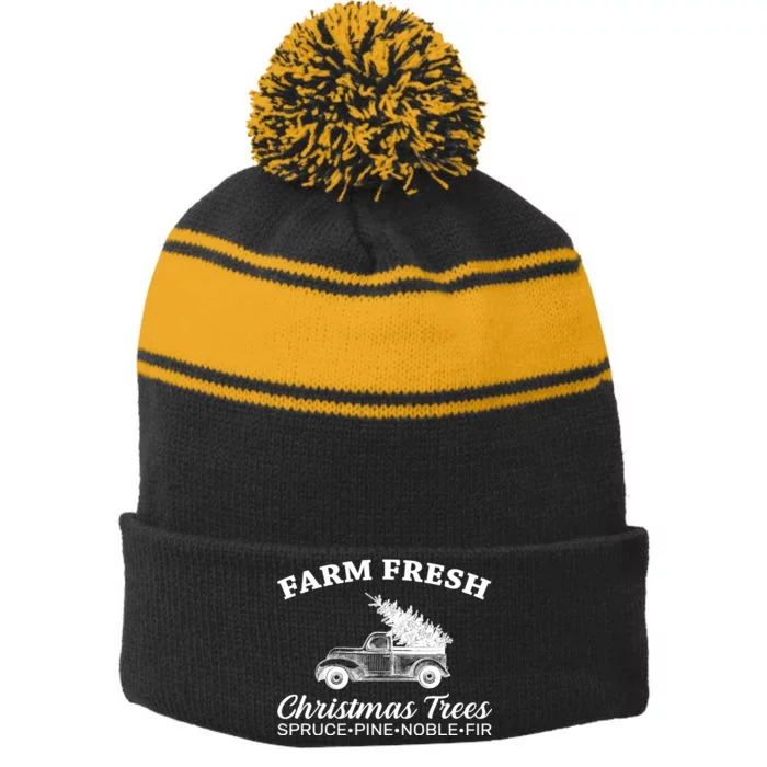 Country Farm Fresh Christmas Trees Stripe Pom Pom Beanie