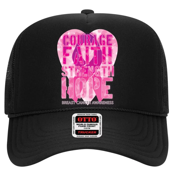 Courage Faith Strength Hope Breast Cancer Awareness High Crown Mesh Trucker Hat