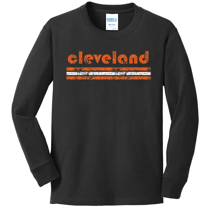 Cleveland Ohio Vintage Three Stripe Weathered Kids Long Sleeve Shirt