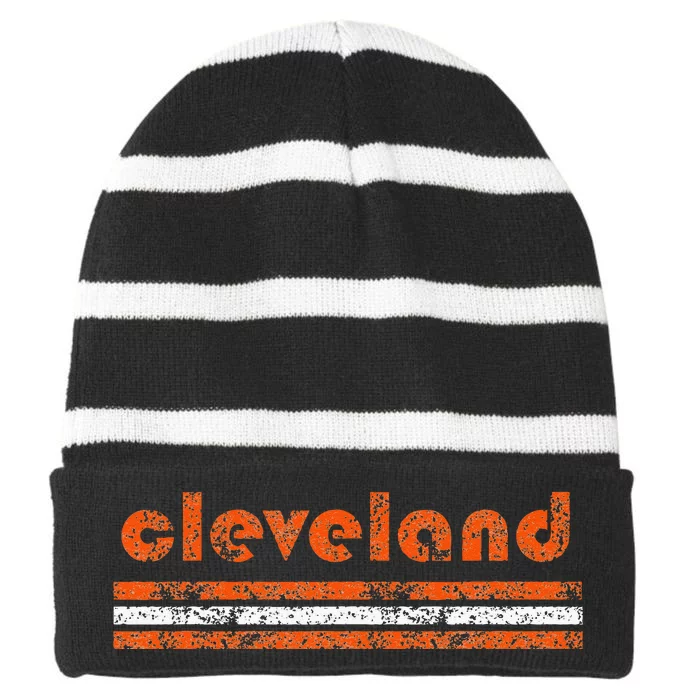 Cleveland Ohio Vintage Three Stripe Weathered Striped Beanie with Solid Band