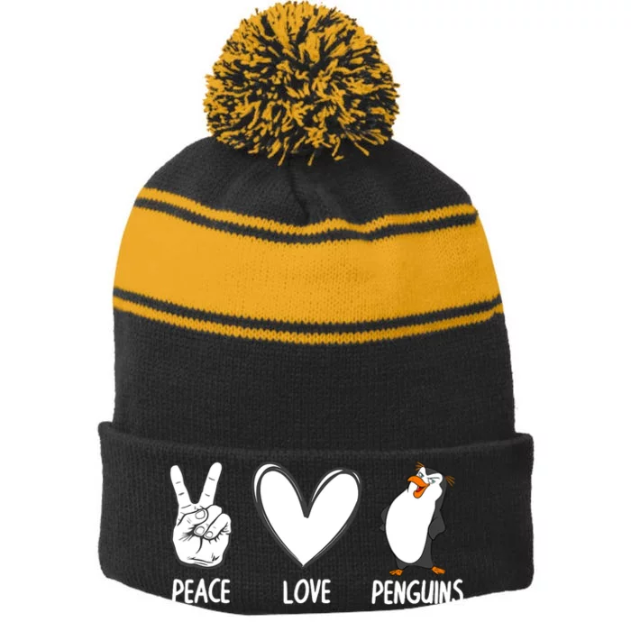 Cool Penguin Art For Men Women Peace Love Penguins Zookeeper Stripe Pom Pom Beanie