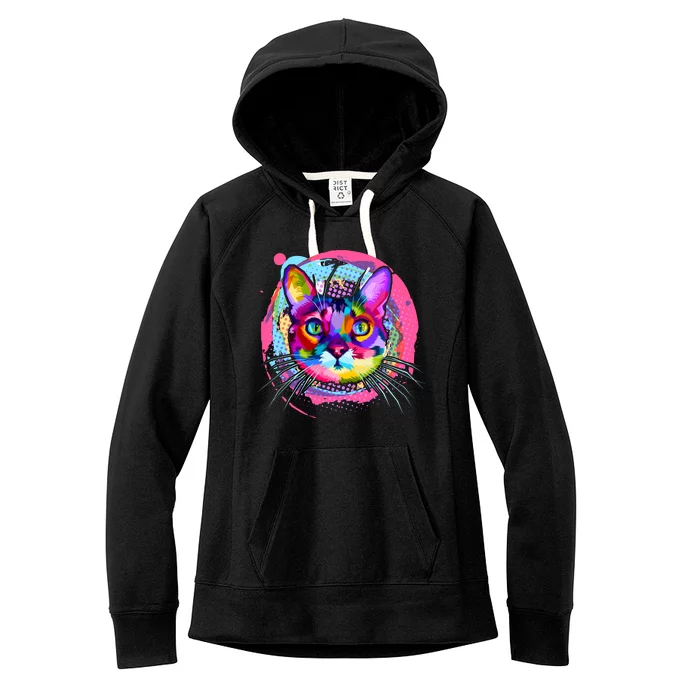 Colorful Painted Abstract Cat Face Women's Fleece Hoodie