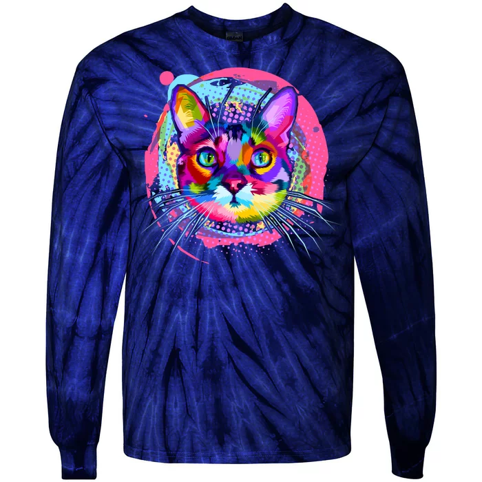 Colorful Painted Abstract Cat Face Tie-Dye Long Sleeve Shirt