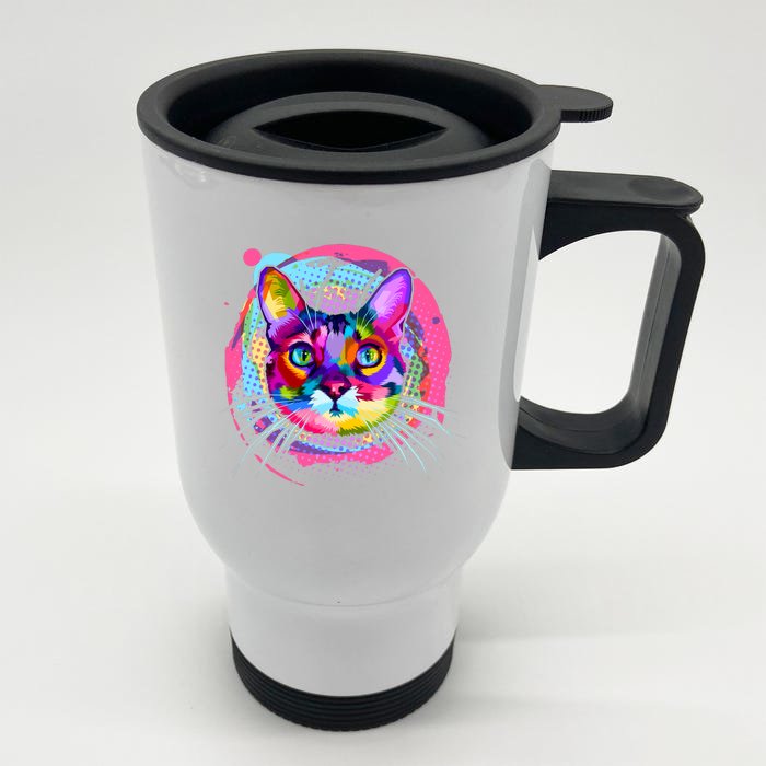 Colorful Painted Abstract Cat Face Front & Back Stainless Steel Travel Mug