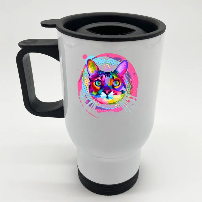 Colorful Painted Abstract Cat Face Front & Back Stainless Steel Travel Mug