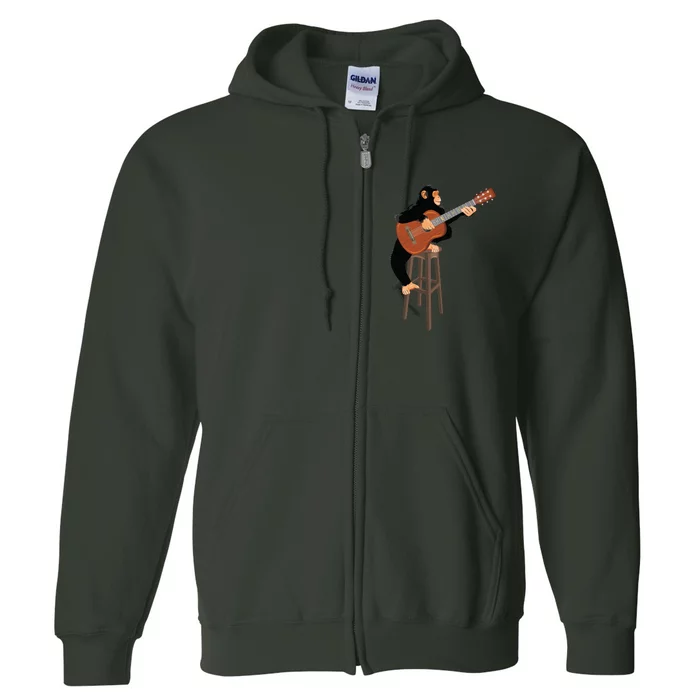 Chimpanzee Playing Acoustic Guitar. Funny Monkey Full Zip Hoodie