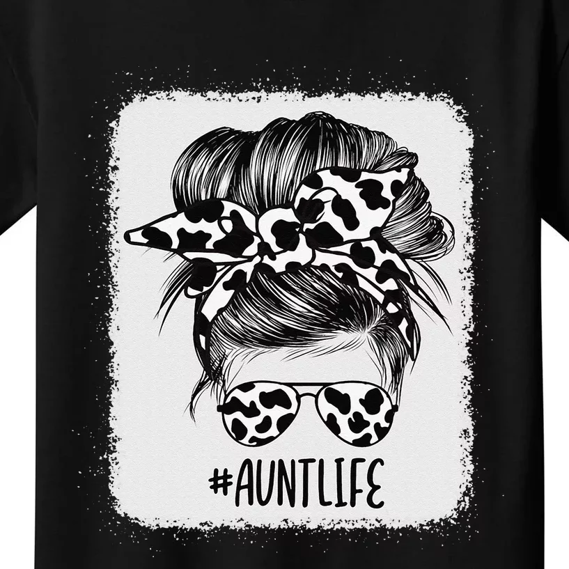 Cow Print Aunt Life Messy Bun Hair Kids T-Shirt