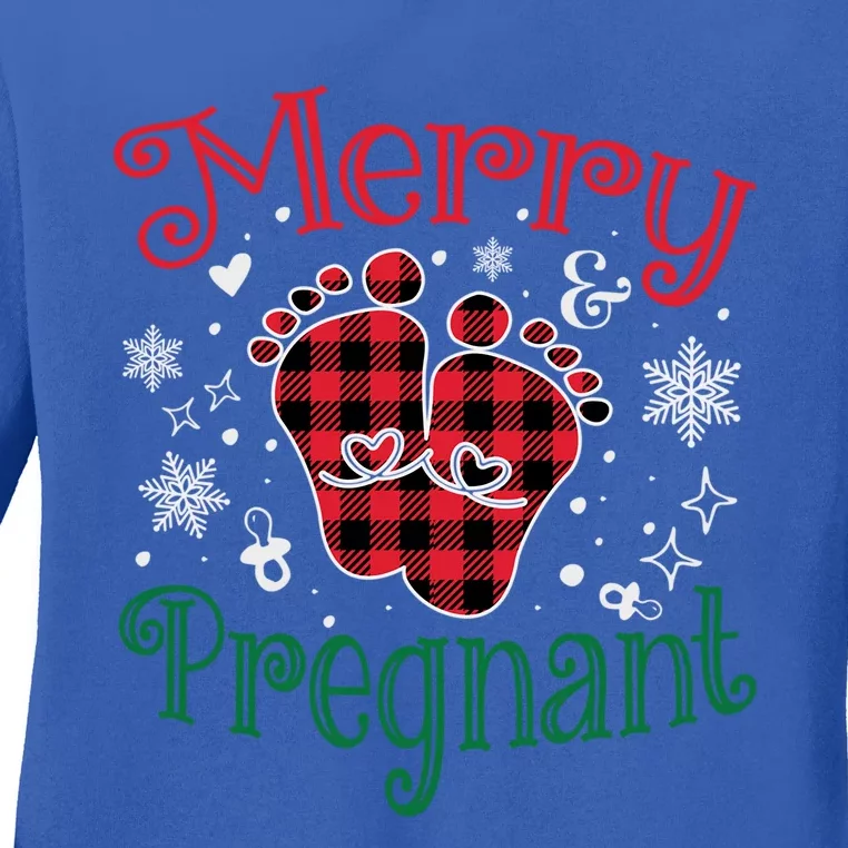 Christmas Pregnancy Announcet Merry And Pregnant Plaid Gift Ladies Long Sleeve Shirt