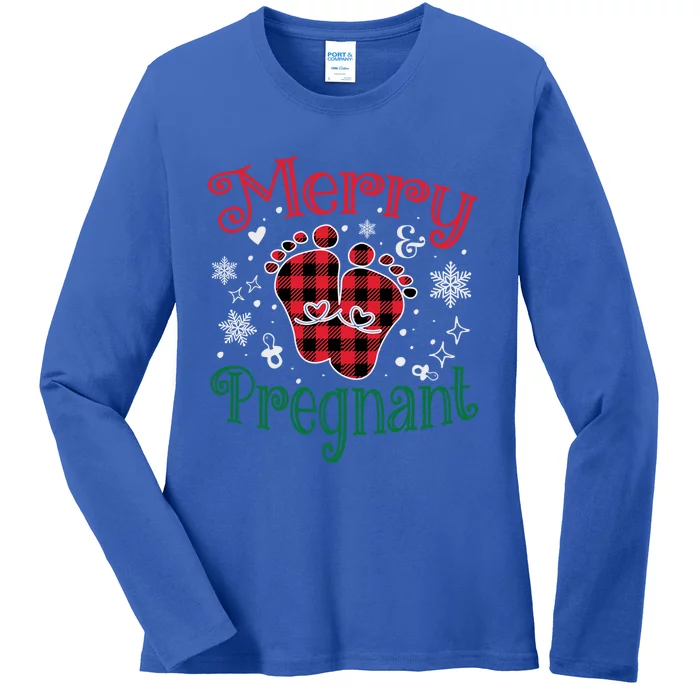 Christmas Pregnancy Announcet Merry And Pregnant Plaid Gift Ladies Long Sleeve Shirt