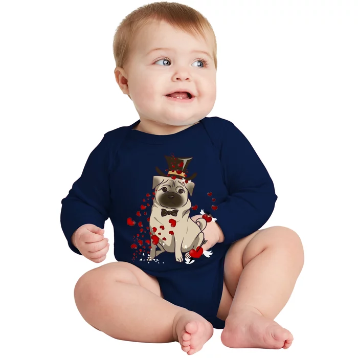 Cute Pug And Red Hearts Funny Dog Mom Valentines Day Pug Lover Gift Baby Long Sleeve Bodysuit