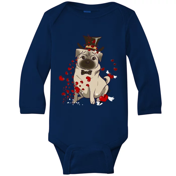 Cute Pug And Red Hearts Funny Dog Mom Valentines Day Pug Lover Gift Baby Long Sleeve Bodysuit