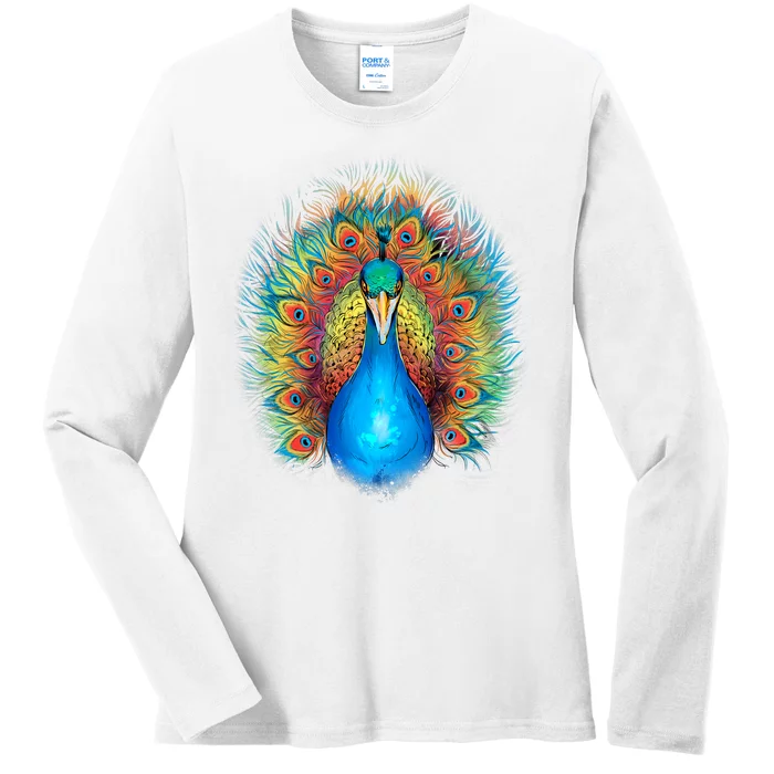 Colorful Peacock Art Ladies Long Sleeve Shirt