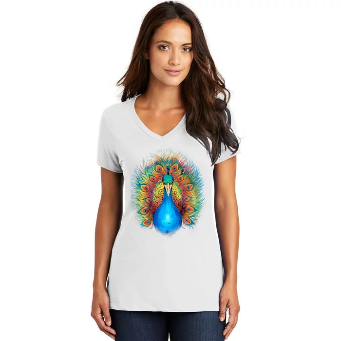 Colorful Peacock Art Women's V-Neck T-Shirt