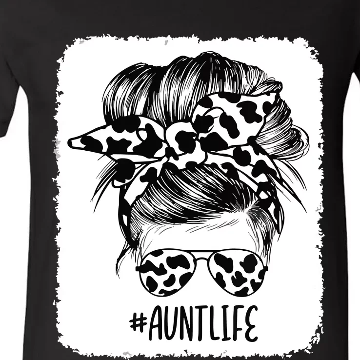 Cow Print Aunt Life Messy Bun Hair V-Neck T-Shirt