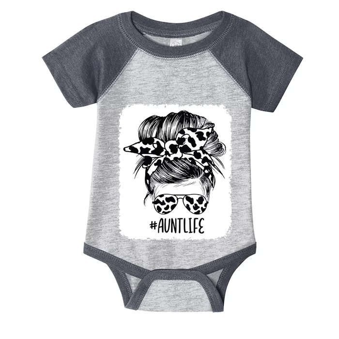 Cow Print Aunt Life Messy Bun Hair Infant Baby Jersey Bodysuit