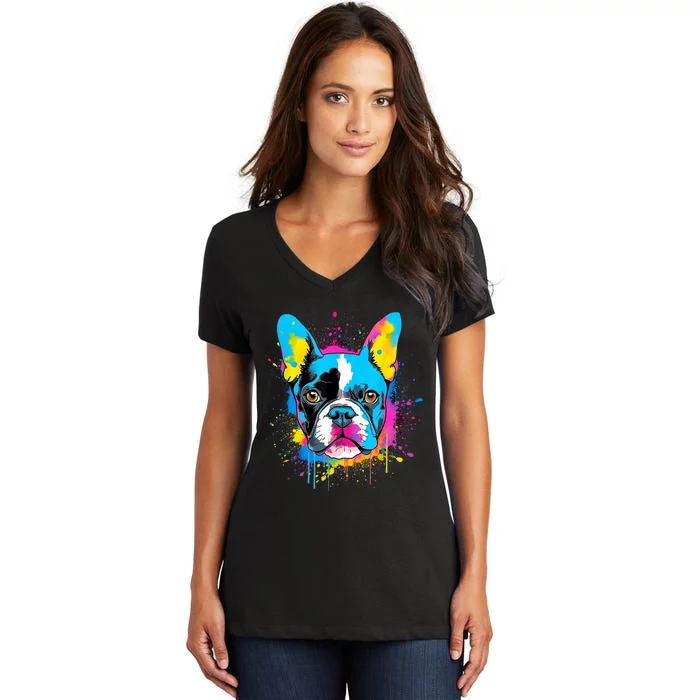 Colorful Pop Art Boston Terrier Lover Portrait Women's V-Neck T-Shirt