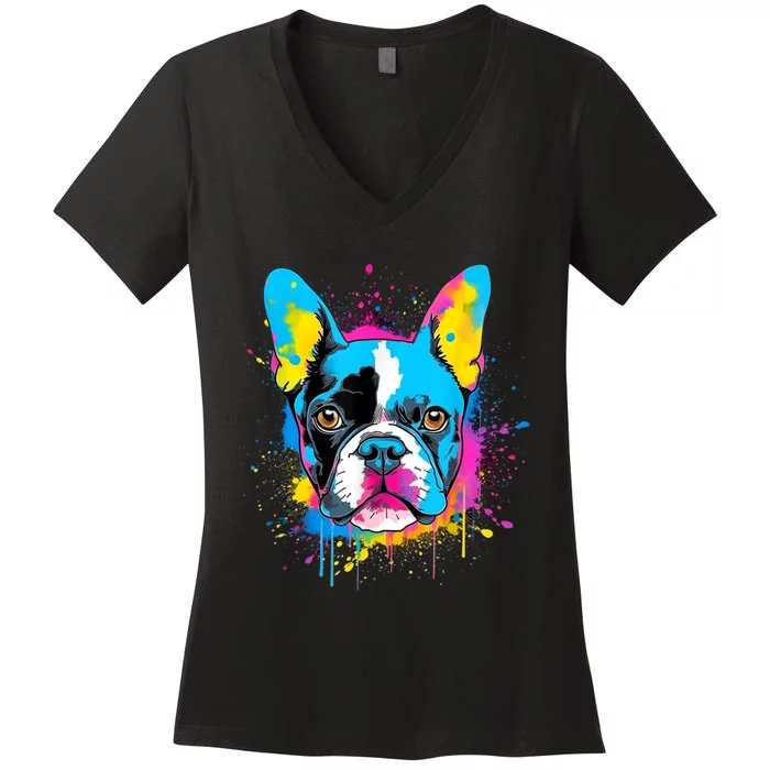 Colorful Pop Art Boston Terrier Lover Portrait Women's V-Neck T-Shirt