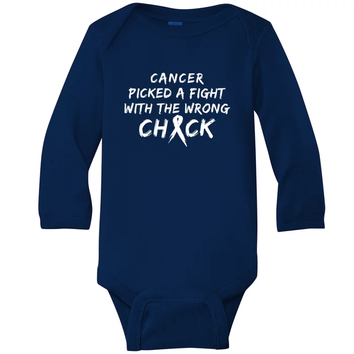 Cancer Picked A Fight With The Wrong Chick Breast Cancer Warrior Awareness Pink Baby Long Sleeve Bodysuit