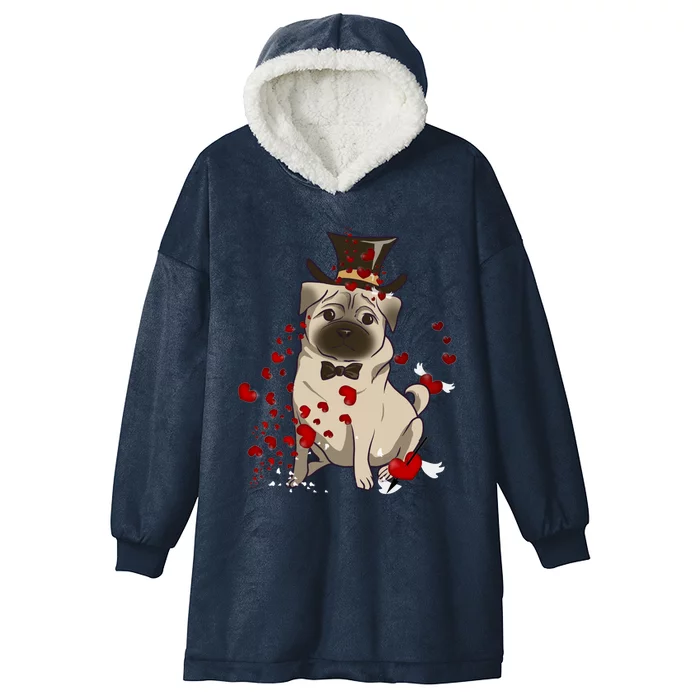 Cute Pug And Red Hearts Funny Dog Mom Valentines Day Pug Lover Gift Hooded Wearable Blanket