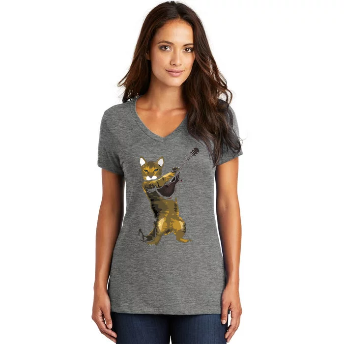 Cat Playing Acoustic Guitar Musician Women's V-Neck T-Shirt