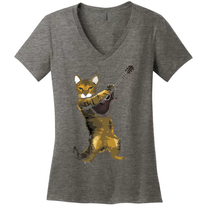 Cat Playing Acoustic Guitar Musician Women's V-Neck T-Shirt