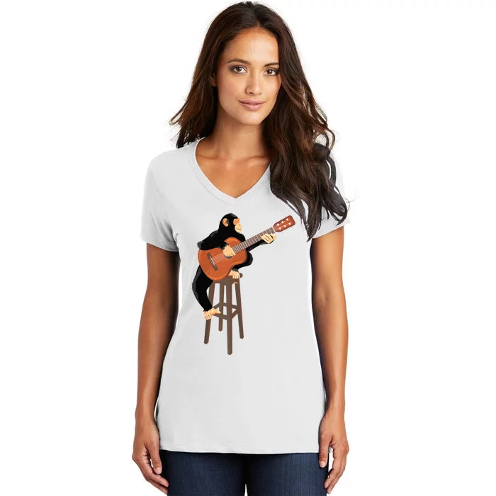 Chimpanzee Playing Acoustic Guitar Funny Monkey Women's V-Neck T-Shirt