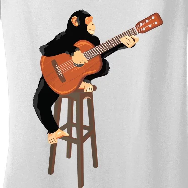 Chimpanzee Playing Acoustic Guitar Funny Monkey Women's V-Neck T-Shirt